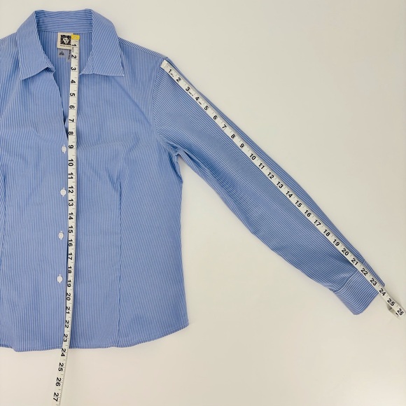Anne Klein Blue and White Pinstriped Non-Iron Long Sleeve Button Down Top, Small - Picture 15 of 16